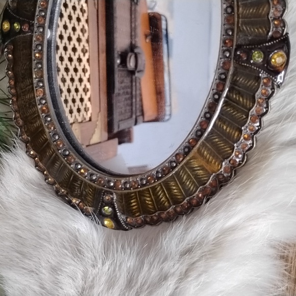 . Vintage Hand Held Mirror - Orange Brown Enameled w Rhinestones Vanity Mirror - Picture 2 of 9